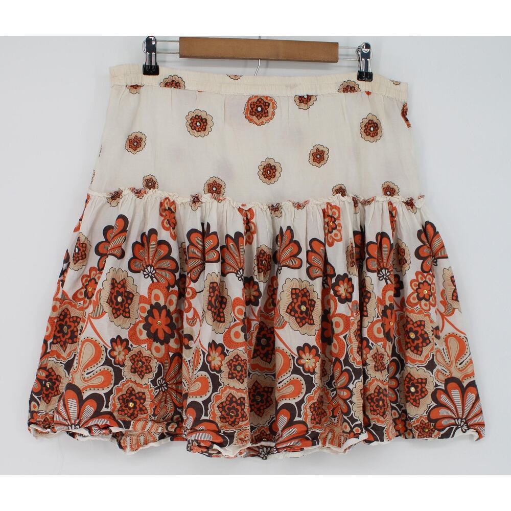 SHES COOL Skirt Womens M Orange Floral Boho Peasant Elastic Waist Knee Length